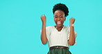 Wow, mockup and a success black woman on a blue background in studio for motivation or celebration. Portrait, omg or wtf with a young female person cheering on space for advertising or marketing