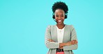 Customer service, arms crossed or happy black woman, business advisor or CRM insurance agent for studio loan advice. Contact us mockup, telecom portrait or confident African person on blue background
