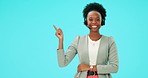 Customer service, presentation and black woman point at business telemarketing info, telecom or studio CRM. Happiness, help desk portrait and African person gesture at step plan on blue background