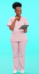 Telehealth, tablet and woman nurse in studio with video call and medical advice. African female professional, healthcare and conversation on blue background with digital discussion and consultation