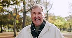 Park, laughing and face of senior man with smile for freedom, relax and sunshine for calm mindset. Retirement, nature and portrait of elderly male person outdoors for fresh air, wellness or happiness