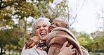 Nature, happy and senior friends hugging while walking in outdoor park for fresh air and exercise. Happiness, smile and elderly female people bonding, having fun and exploring green garden together.