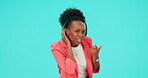 Music, dance and black woman with headphones for question in studio isolated on a blue background mockup space. Radio, listen and person ask, streaming podcast sound or audio for hearing in portrait