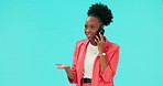 Phone call, argument and young businesswoman in a studio with an angry, upset or serious expression. Technology, upset and professional African female person on mobile conversation by blue background