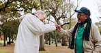 Senior people, fist bump and forest hiking, park fitness and retirement support, teamwork and health motivation. Happy elderly men or friends with handshake for exercise or cardio wellness in nature