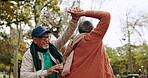 Old people dance in park, happiness and love with marriage, commitment and love with energy outdoor. Couple on nature date, romance and life partner, happy man and woman in winter with trust and bond