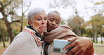 Selfie, funny face and women senior friends in a park or nature for outdoor holiday or vacation smile for a picture together. Peace sign, phone and elderly people take picture for social media