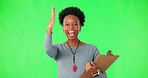 Green screen, woman face and sports coach with clipboard, welcome or come here hands on studio background. Membership, sign up and portrait of lady personal trainer with checklist, invitation or join