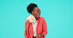 Business woman, winner dance and money, fan, cash or lottery success on blue background. Excited african person or entrepreneur with bonus, cashback and financial loan or finance investment in studio