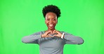 Portrait of black woman with smile, heart hands and green screen in care, kindness or gesture. Thank you, like and face of happy girl for love hand sign, emoji or icon on isolated on color background