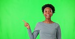 Woman, green screen and presentation, thumbs up or pointing to information, list and steps mockup in studio. Face of african person for announcement or advice with like emoji, yes and ok hand sign