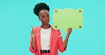 African woman, speech bubble poster and face for shaking head, finger or bad review for vote by blue background. Girl, student or mockup space for social media, opinion or negative feedback in studio