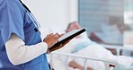 Tablet, woman hands and nurse at hospital with elderly patient and medical results in ICU. Clinic, healthcare worker and technology with doctor, insurance and nursing data for surgery and care