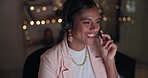 Happy woman, computer and communication in call center at night for customer service, advisory help or questions. Indian consultant, agent and working late on pc for telecom sales, FAQ or CRM contact