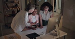 Teamwork, night and computer with business people in office for planning, feedback and research. Project management, strategy and review with women for collaboration, website and proposal together