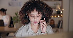 Call center, virtual assistant talking or woman typing on computer at telecom customer service help desk. Microphone, contact us or sales agent consulting or helping in tech support on pc at night