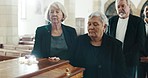 Funeral, church and women with hand on coffin for goodbye, mourning and grief in memorial service. Depression, family and senior people with casket in chapel for greeting, loss and burial for death