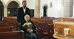 Senior woman, flowers and church for funeral with wheelchair, man and helping hand in mourning. Caregiver, bouquet and elderly person with disability in temple for grief, sad and depressed by coffin