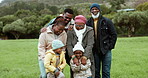 Laughing, happy family or portrait of children in park or nature outdoors playing for fun together. Grandfather, grandmother or dad bonding or smiling on holiday vacation with kids, mom or funny joke