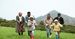 Grandparents, black family or children running in park or nature outdoors in countryside together. Grandfather, grandmother or dad walking, bonding or enjoying race holiday vacation with kids or mom