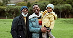 Grandfather, dad or face of child in park with a happy parent in nature outdoors in countryside together. Black family or funny African dad laughing or bonding on holiday vacation with kid or old man