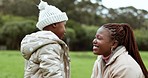 Happy, love and mom and child in park talking, laughing and having fun while bonding together. Nature, smile and African young mother playing with girl baby kid in outdoor garden for family adventure