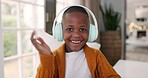 Face, wave and a child with headphones for a video call, home communication or elearning. Happy, listening and portrait of an African boy kid with audio gear for remote education or greeting
