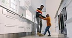 Father, kitchen and black family kid dance, bonding and enjoy time together, learning routine or motion steps. Holding hands, fun and home dad, papa or African man teaching, care and support child