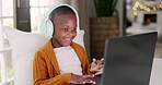 Headphones, technology and boy kid doing math counting for assignment, project or homework. Elearning, laptop and young African child student working on a computer for distance learning education.