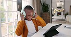 Headphones, tablet and children dancing to music, playlist or album online on the internet. Happy, digital technology and young African kids listening to a song or radio and moving at their home.