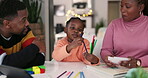 Family, child and counting color at home for education, learning and knowledge for parents with pride. African woman, man and girl kid playing or teaching with art pencil, mathematics or development