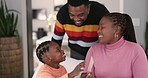 Happy parents, child and education card for reading, studying and support of learning knowledge. Mom, dad and black family helping kid for homeschool, teaching language assessment and alphabet letter