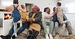 Big family, living room and run to hug on sofa with bonding, care and parent love with grandparents. Kids, elderly people and mother support with dad in lounge with smile and embrace at home together