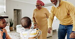 Grandparents, children and family dancing in home lounge with fun energy, happiness and love. African woman, senior man and kids celebrate freedom, time together and playing game for bonding at house