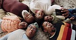 Funny selfie of grandparents, parents and children for love, memories and relax together at home. Top view of black family, grandma and grandpa take silly picture with mom, dad and kids for bonding