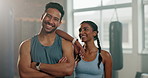 Coach, face or happy woman at gym in boxing exercise or workout for fitness, wellness or support. Teamwork, boxer or portrait of sports athlete training with a proud or confident personal trainer