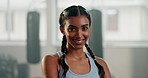 Happy woman, face and arms crossed in gym for fitness workout, exercise or healthy wellness. Portrait, female person and proud Indian sports girl ready for training at a boxing club with confidence