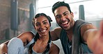 Happy couple, fitness and selfie for workout, training or photography together at the gym. Man and woman smile for photo, memory or social media post after exercise for healthy body or wellness