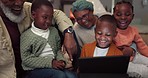 Home, tablet and family with children at night to watch a movie or video for e learning. African woman, man or grandparents and kids with love and technology for fun education, internet or game app