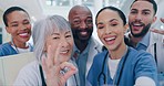 Healthcare selfie, face and doctors or team with a peace sign and ok hand. Diversity, happy and portrait of medical staff or employees with hospital support, teamwork or solidarity for a photo