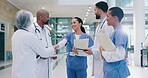 Doctors, nurses and handshake for hospital welcome, introduction and onboarding, internship or medical promotion. Professional people in clinic shaking hands for opportunity, deal and hiring success