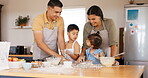 Baking, family and parents with kids in kitchen together learning to cook with flour or helping with dinner, lunch or meal. Teaching, cooking and food preparation to children with mom and dad in home