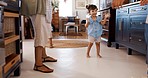 Women, family and dancing with toddler girl, applause and together with care, love and excited in living room. Female dancer child, mother and daughter with moving, steps and clapping in house