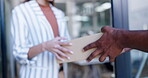 Hands, box or delivery with a customer and courier at the door of an office for ecommerce or shipping. Business, shopping and product with a postal worker person in the distribution industry closeup