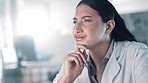 Computer, woman thinking or scientist reading in laboratory for chemistry research report or scientific feedback. Medical analysis, data or researcher on search for online medicine development news