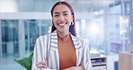 Arms crossed, business woman and face in a office with pride and happy from company growth. Portrait, professional and entrepreneur at creative startup agency with employee and smile ready for work