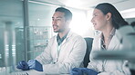 Teamwork, scientist and people in research discussion, project and conversation. Collaboration, science and doctors, man and woman in medical communication, lab experiment and talking on lens flare