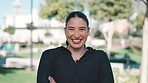 Fitness, smile and face of a female athlete in an outdoor park for race or marathon training workout. Sports, happy and portrait of a young woman runner ready for a cardio running exercise in nature.