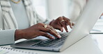 Black woman, typing and hands on laptop in office with employee, communication and planning document on computer. Business, writing on keyboard or manager at desk with report, research or email