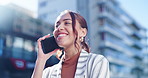 Happy woman, phone call and laughing in city for funny joke, meme or outdoor conversation. Female person smile  in fun talk, communication or friendly discussion on mobile smartphone in an urban town